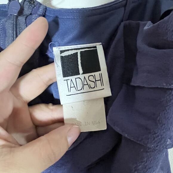 VTG TADASHI Navy Blue Slip Dress Tiered Ruffle SILK Formal Gown Sz 14 - Picture 3 of 9